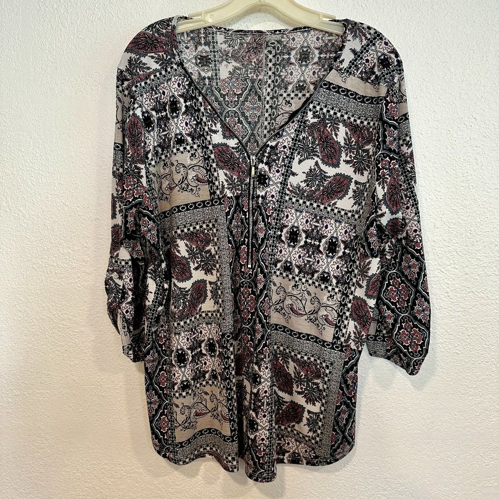Womens Stretch Tunic Top 1/2 Zip MultiColor Floral Paisley Roll Tab Sleeve Sz XL